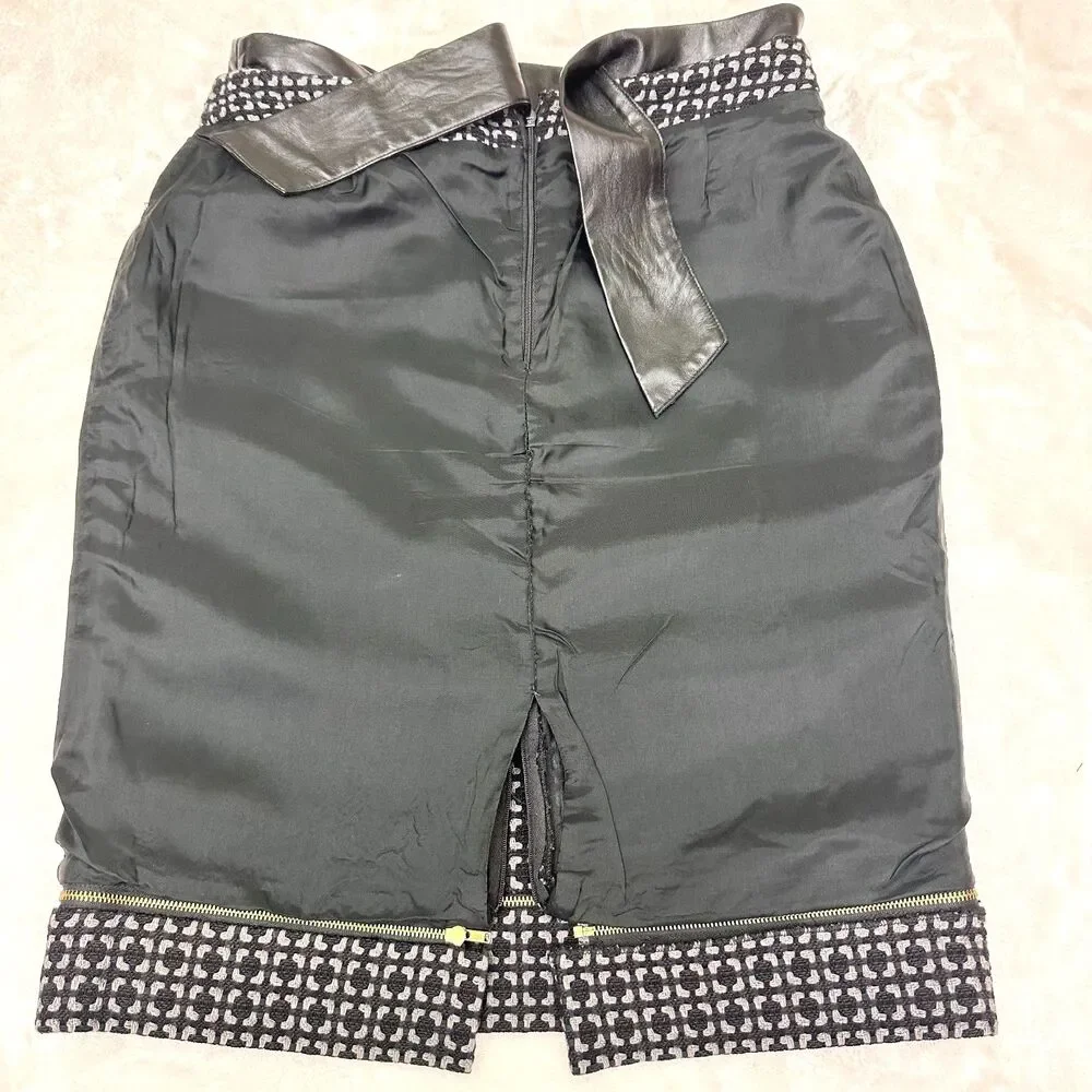 Etcetera Women's Gray Black Tweed Leather Trim Below Knee Pencil Skirt Sz M